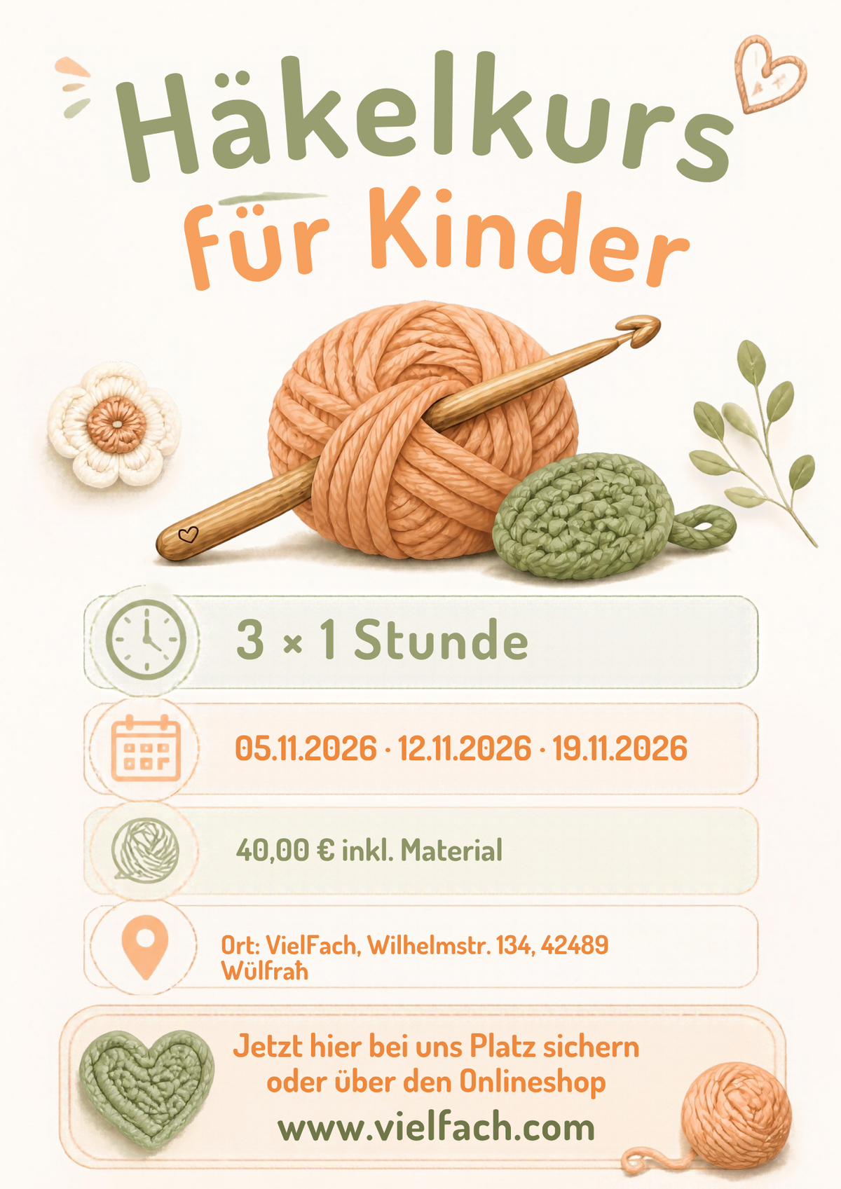 Ab 05.11.2026 Kinder Häkelkurs für Anfänger